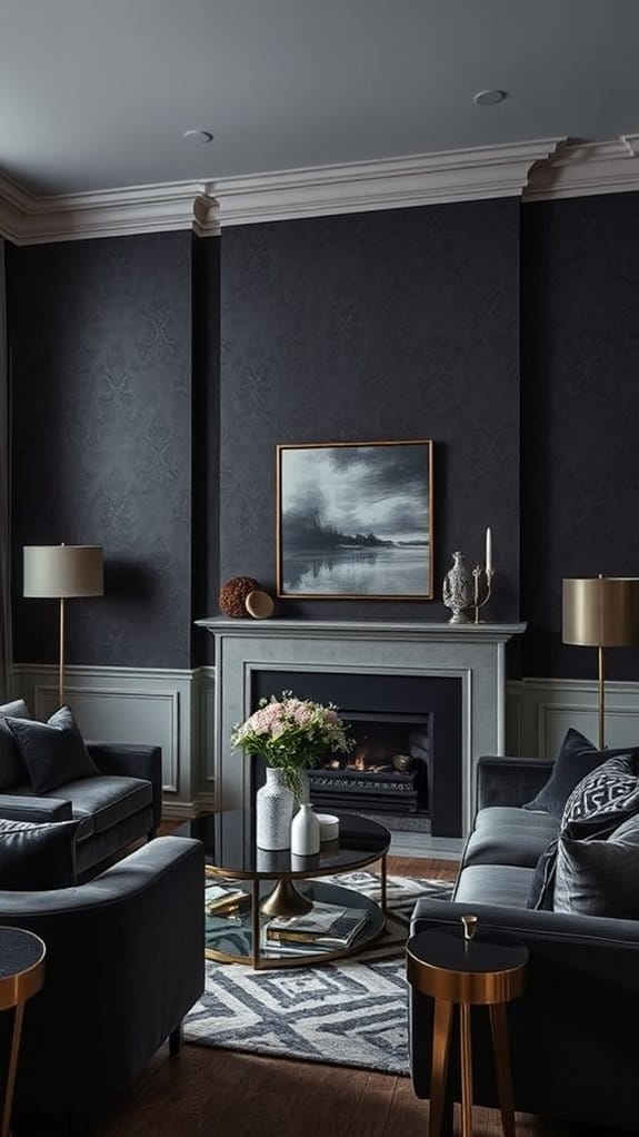 22 Dark and Moody Living Room Ideas You’ll Fall in Love With 9 subtle patterned dark walls