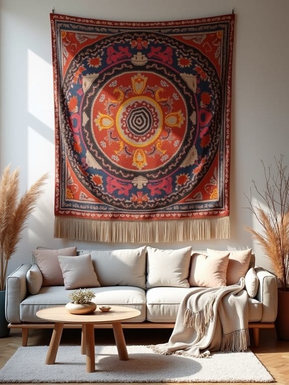 18 Eye-Catching Wall Decor Ideas to Style Above Your Couch 6 textile art adds warmth