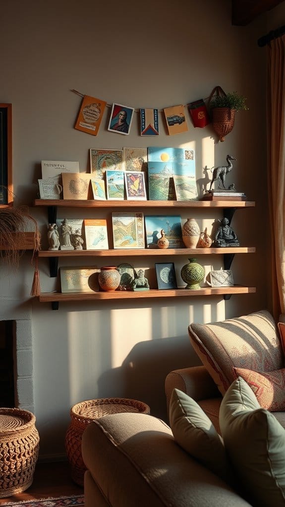 22 Modern Boho Living Room Ideas You'll Absolutely Love 13 travel souvenirs as art