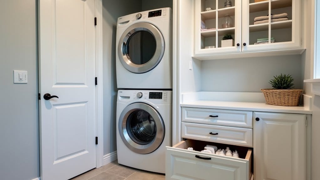 16 Smart Stacked Washer and Dryer Laundry Room Ideas That Maximize Space 10 under stack drawer organization