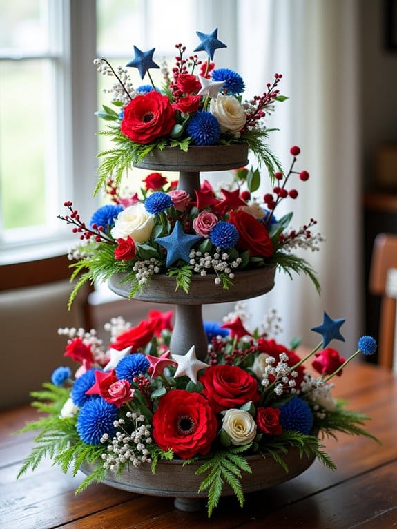 15 Creative 4th Of July Tiered Tray Decor Ideas 5 vibrant patriotic faux floral