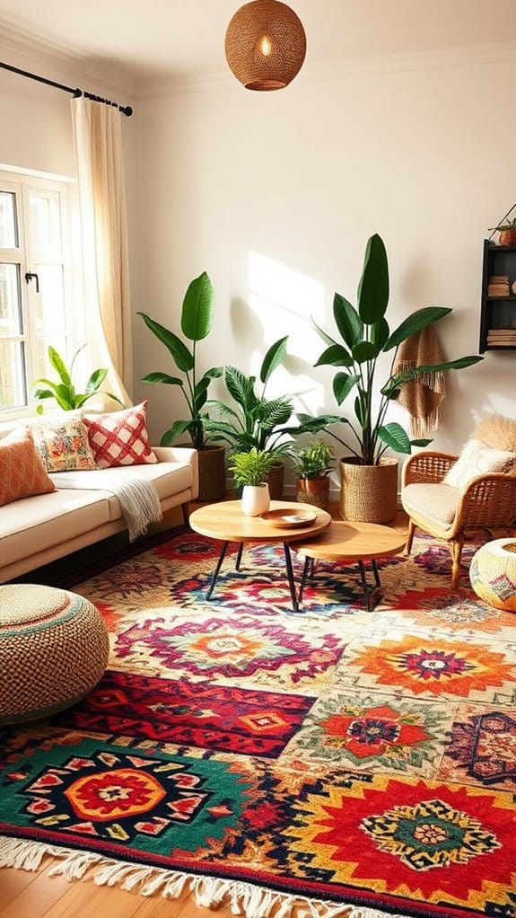 22 Modern Boho Living Room Ideas You'll Absolutely Love 19 vibrant patterned rug focal