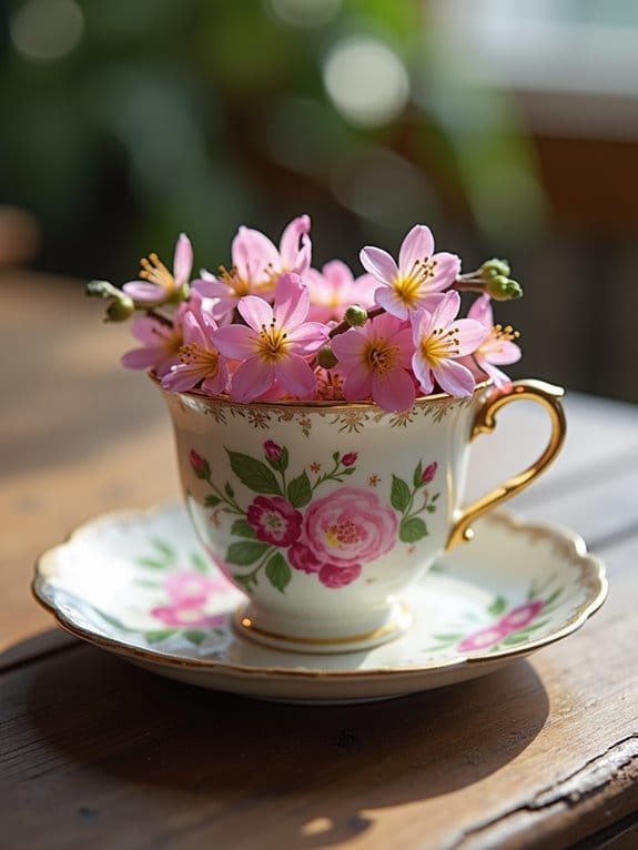 15 Beautiful Spring Table Centerpiece Ideas You Can Copy Today 16 vintage floral cup arrangement