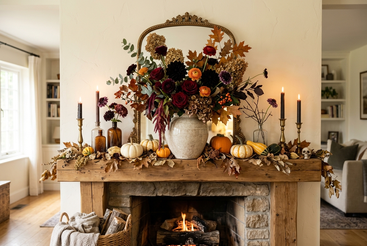 30 Stunning Halloween Mantel Ideas for a Spooky Look 2 halloween mantel ideas flowers