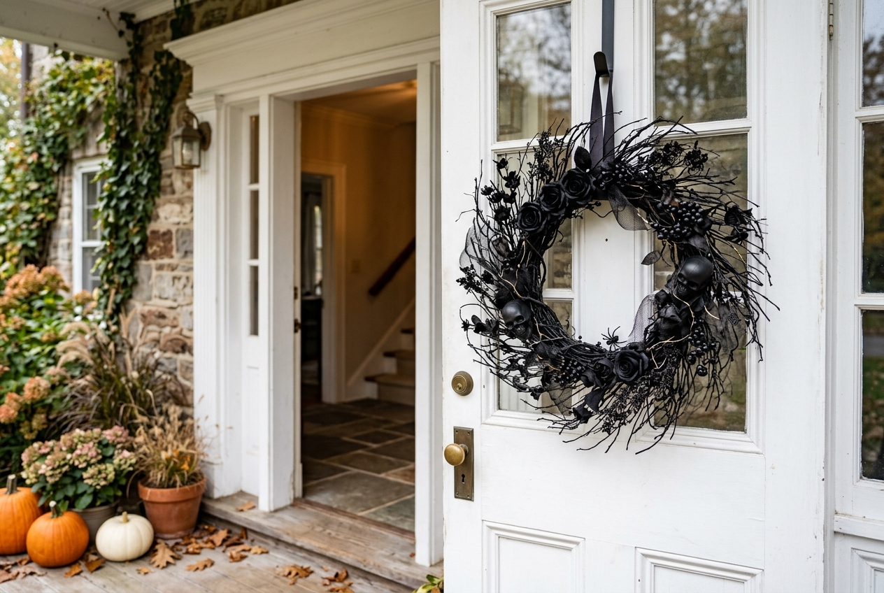 57 Top Outdoor Halloween Decoration Ideas for 2024 2 Halloween wreath hanging on white front door