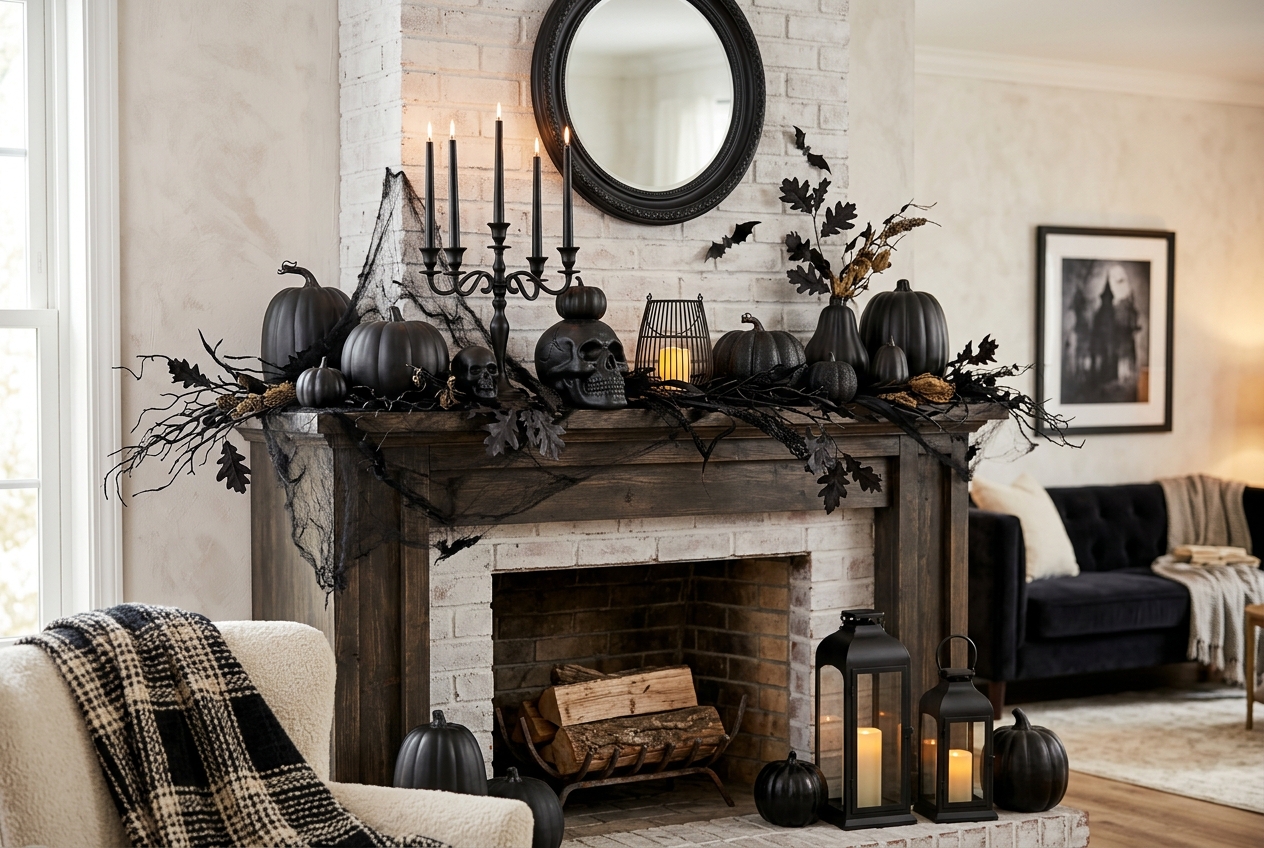30 Stunning Halloween Mantel Ideas for a Spooky Look 3 halloween mantel ideas matte black