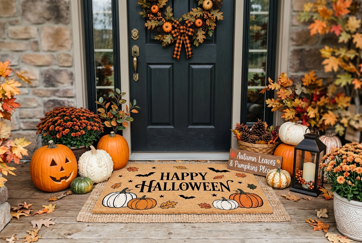 57 Top Outdoor Halloween Decoration Ideas for 2024 3 Halloween themed door mat with fall decor around it