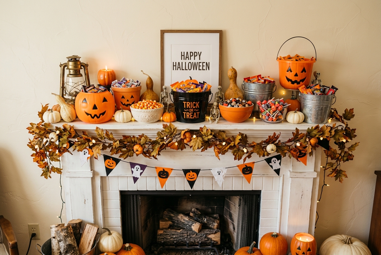 30 Stunning Halloween Mantel Ideas for a Spooky Look 4 halloween mantel ideas candy buckets and bowls
