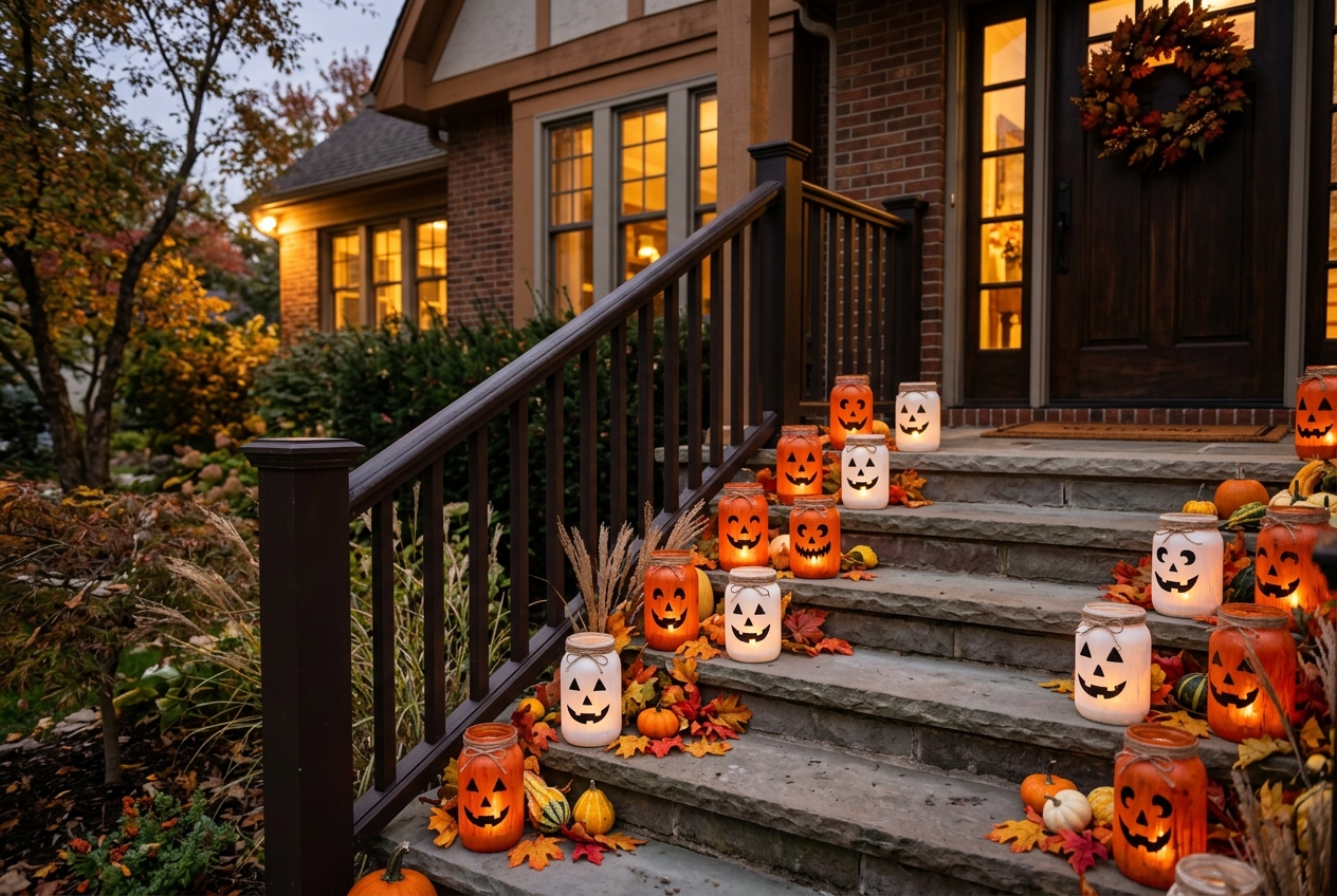57 Top Outdoor Halloween Decoration Ideas for 2024 5 Orange and white lanterns on a staircase
