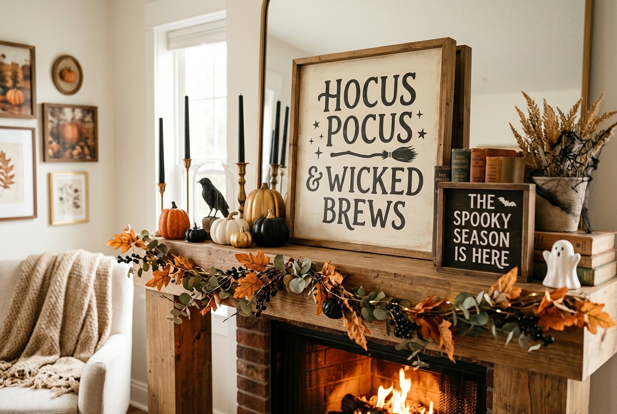 30 Stunning Halloween Mantel Ideas for a Spooky Look 6 halloween mantel ideas sign