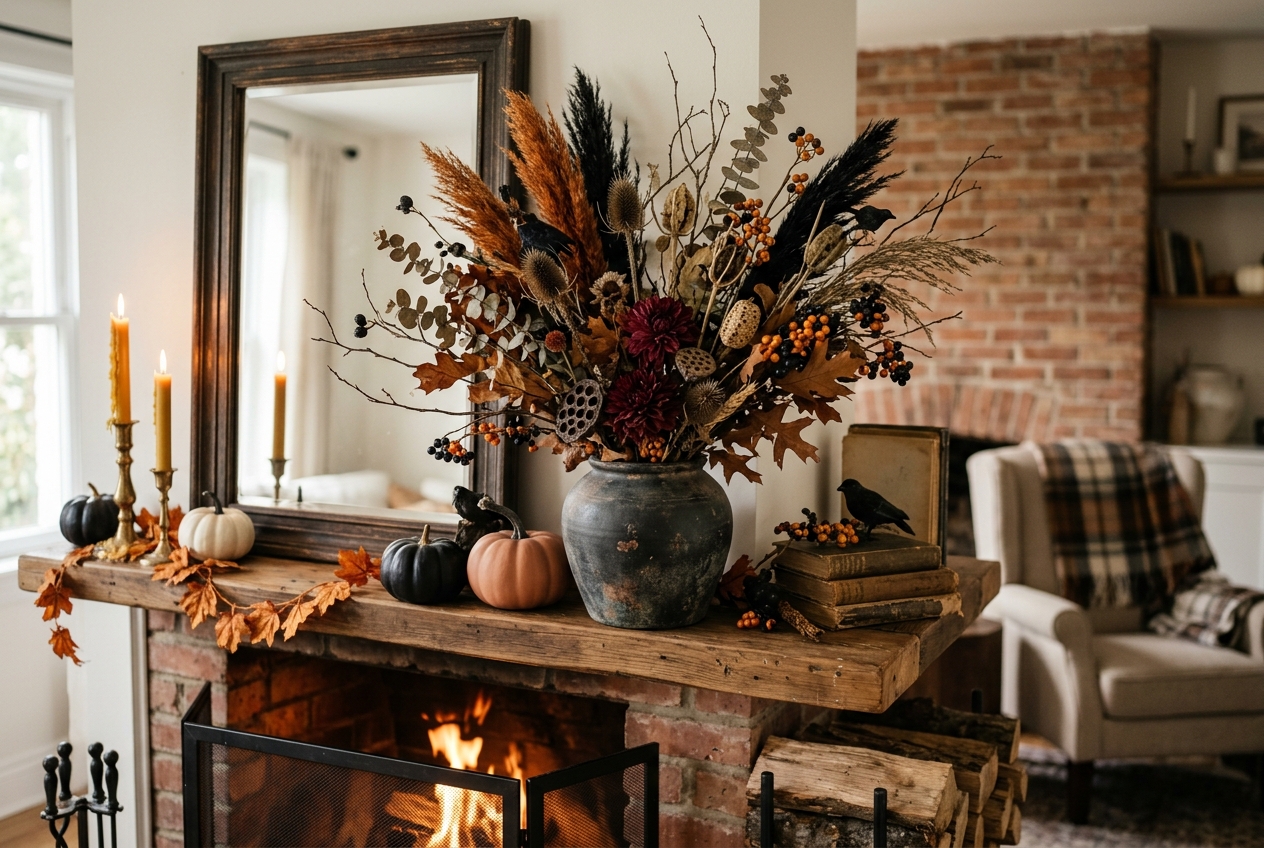 30 Stunning Halloween Mantel Ideas for a Spooky Look 7 dried bouquet halloween mantel ideas