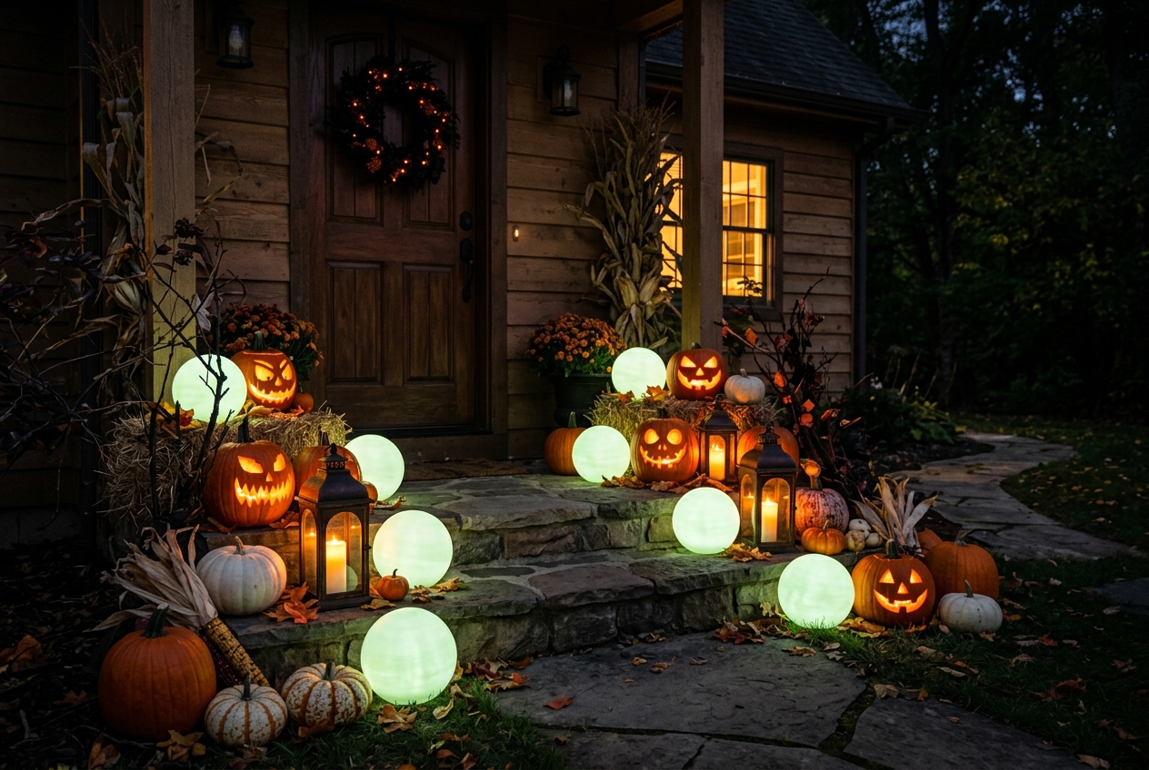 57 Top Outdoor Halloween Decoration Ideas for 2024 7 Lanterns, lit up ball and pumpkins