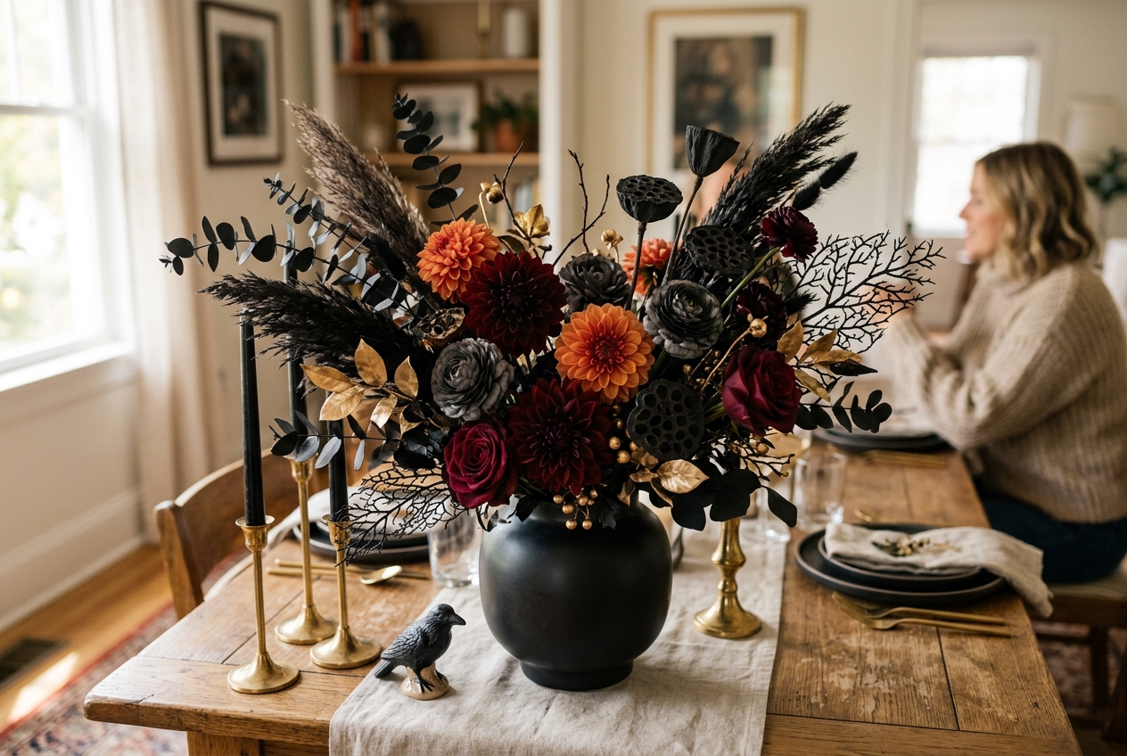 18 Quick Halloween Centerpiece Ideas You Can Make in Under an Hour 8 large floral Halloween centerpiece