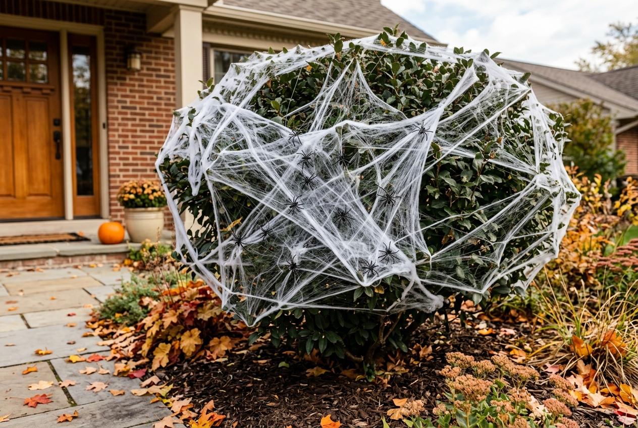 57 Top Outdoor Halloween Decoration Ideas for 2024 9 Bush covered with spider web decor
