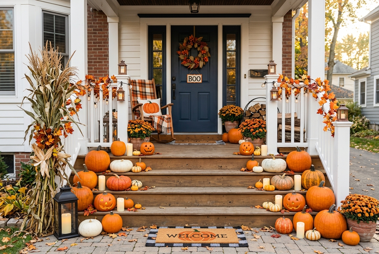 57 Top Outdoor Halloween Decoration Ideas for 2024 10 Front porch decorated for fall with various Halloween decorations