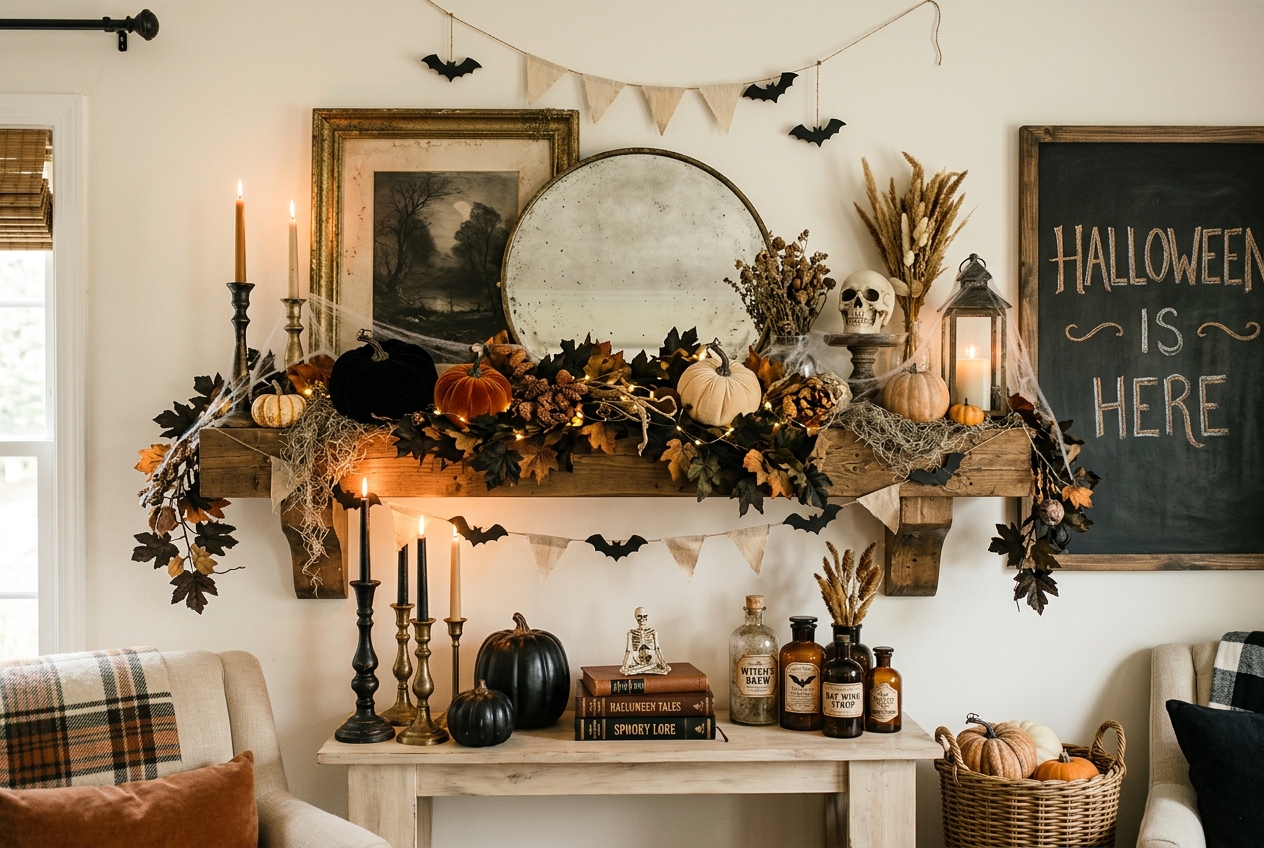 30 Stunning Halloween Mantel Ideas for a Spooky Look 11 layer decor halloween mantel ideas