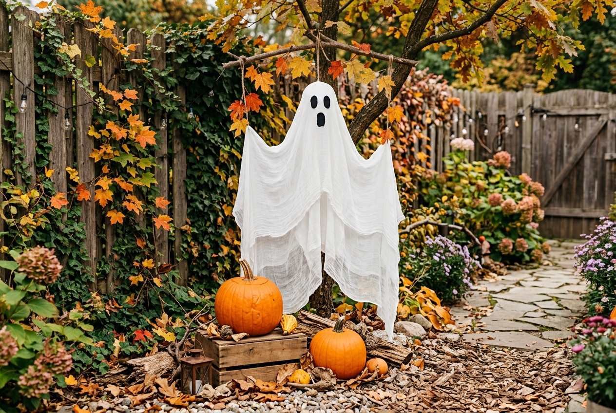 57 Top Outdoor Halloween Decoration Ideas for 2024 11 White cloth ghost and two orange pumpkins in a backyard corner