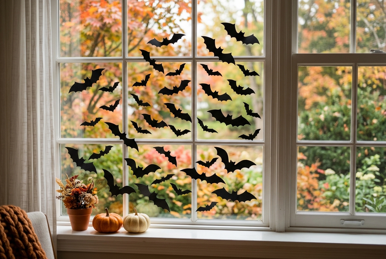 57 Top Outdoor Halloween Decoration Ideas for 2024 12 Black bats stuck on a window