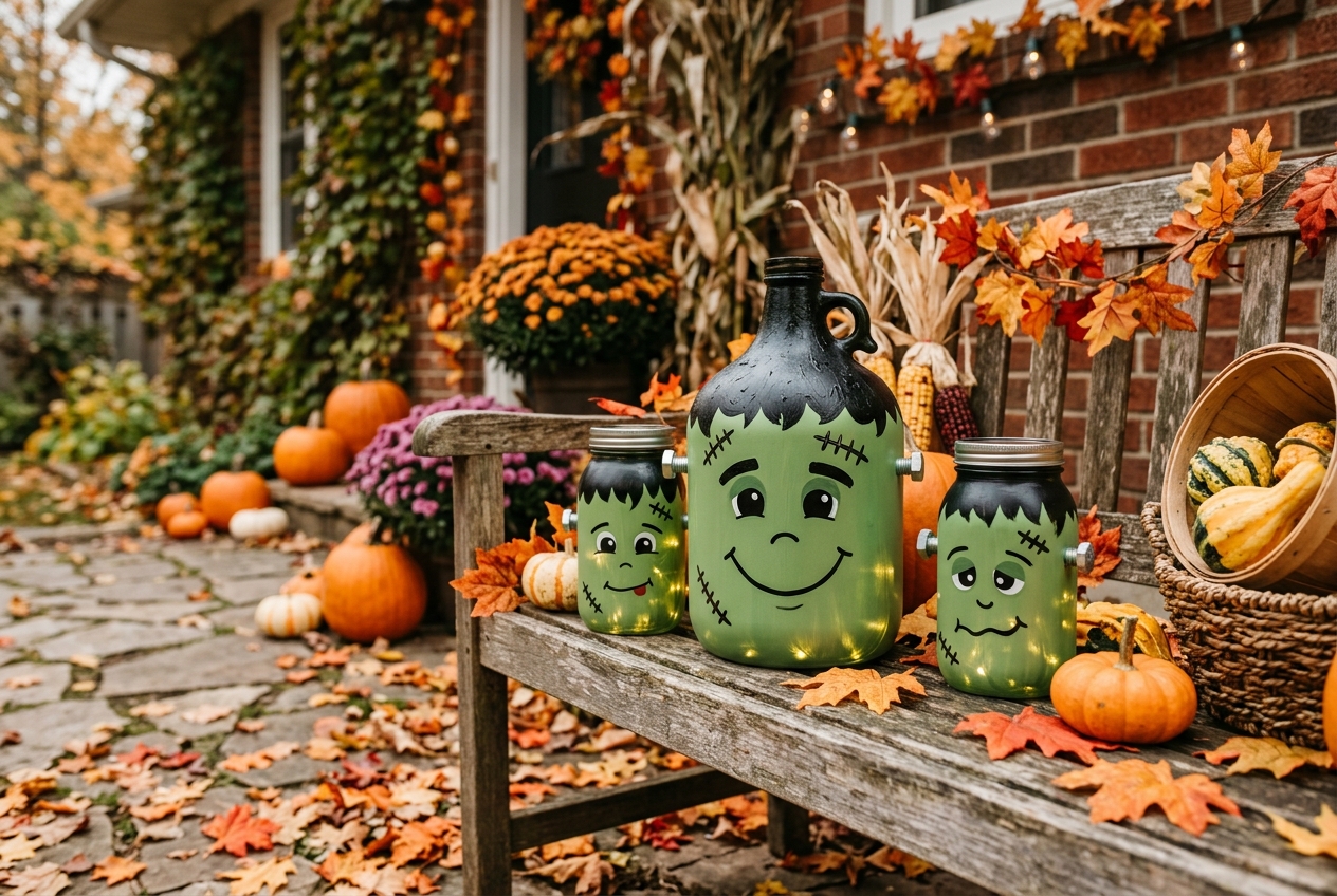 57 Top Outdoor Halloween Decoration Ideas for 2024 13 Jugs painted as Frankenstein and used to decorate backyard