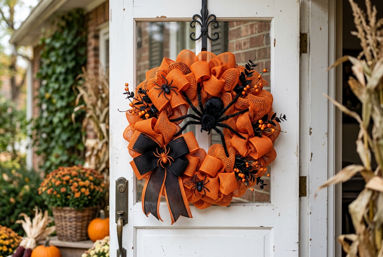 57 Top Outdoor Halloween Decoration Ideas for 2024 14 Orange wreath with black bow and spider