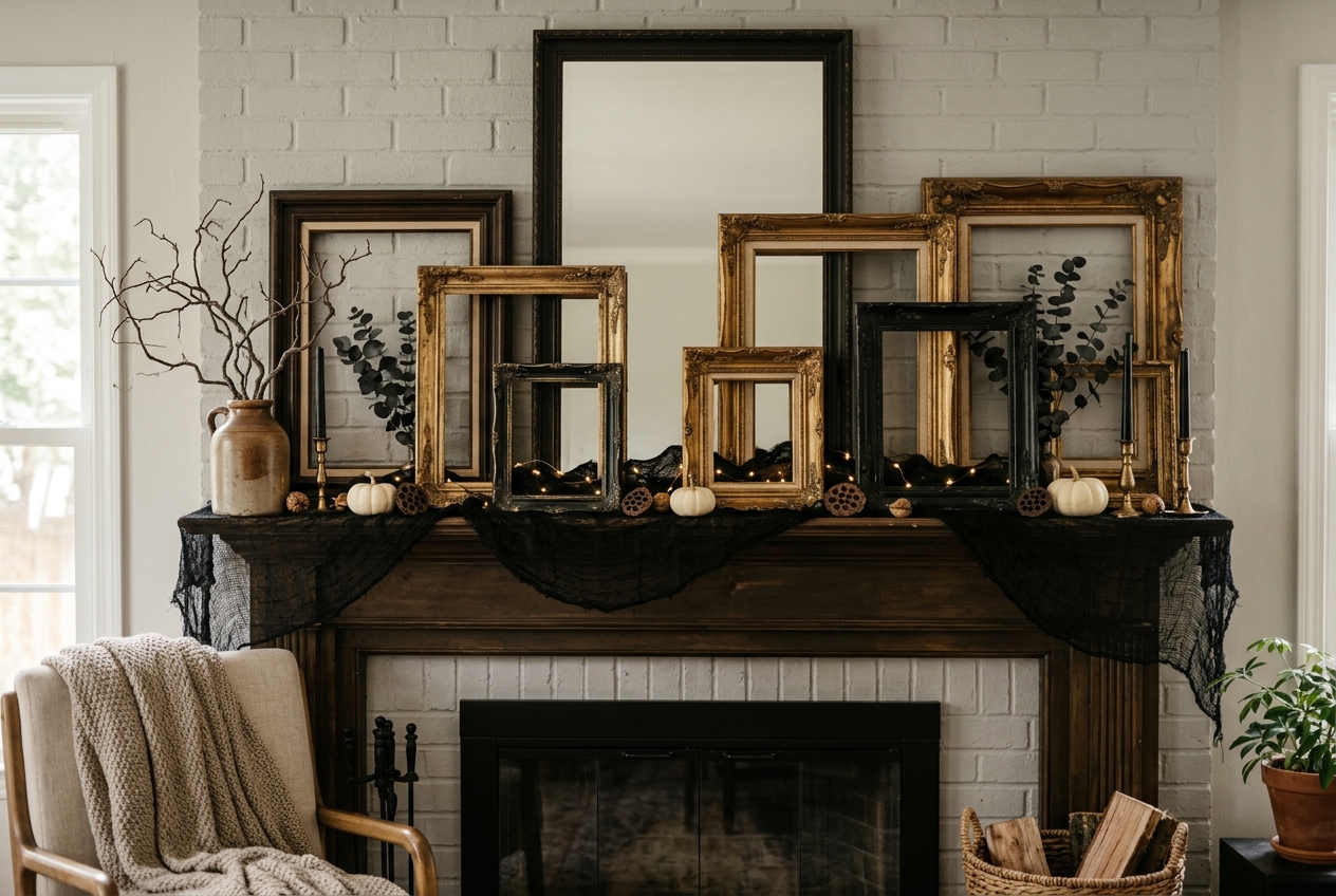 30 Stunning Halloween Mantel Ideas for a Spooky Look 16 halloween mantel ideas empty frames