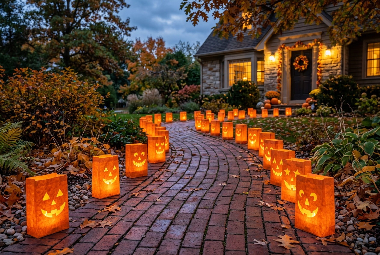 57 Top Outdoor Halloween Decoration Ideas for 2024 16 Jack O'Lantern orange bags lighting up a walkway