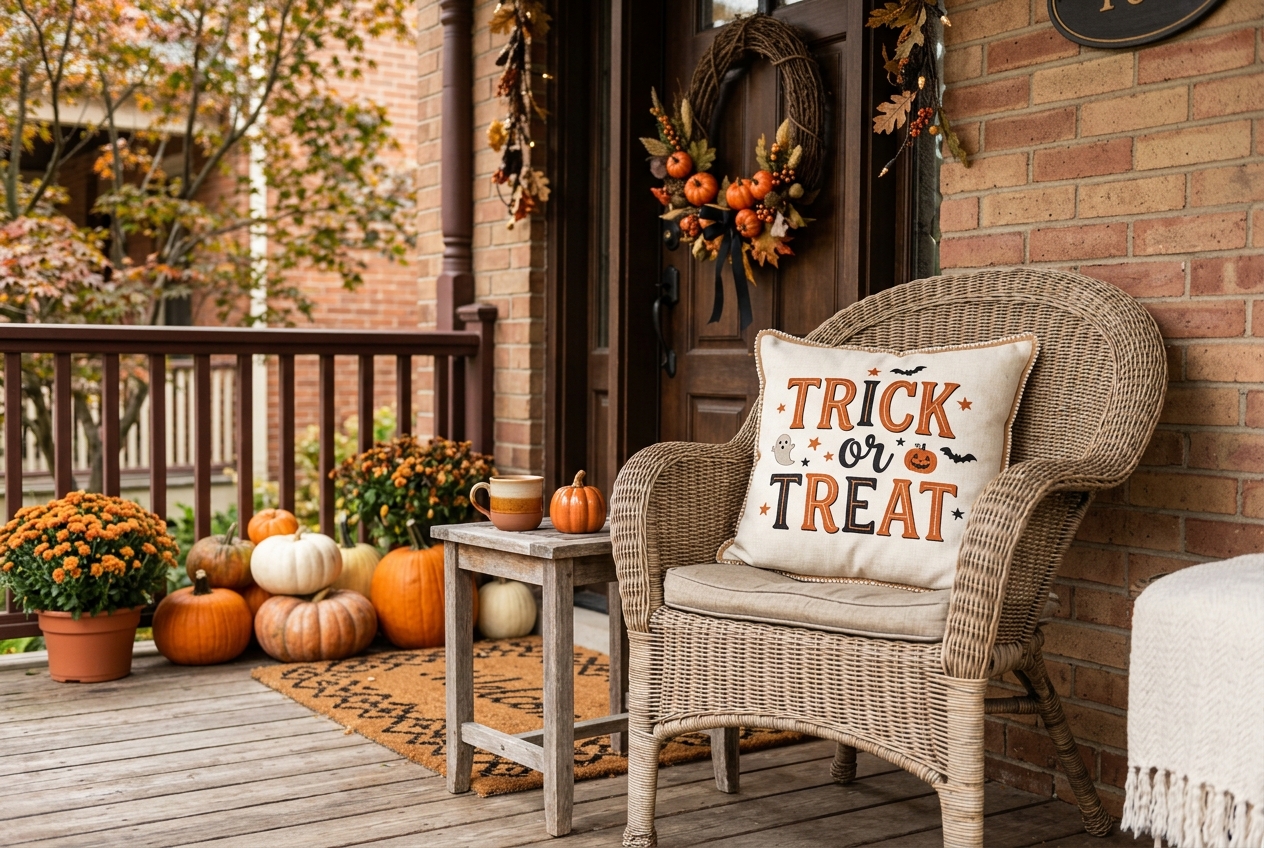 57 Top Outdoor Halloween Decoration Ideas for 2024 17 Trick or treat pillow on a wicker chair on a front porch