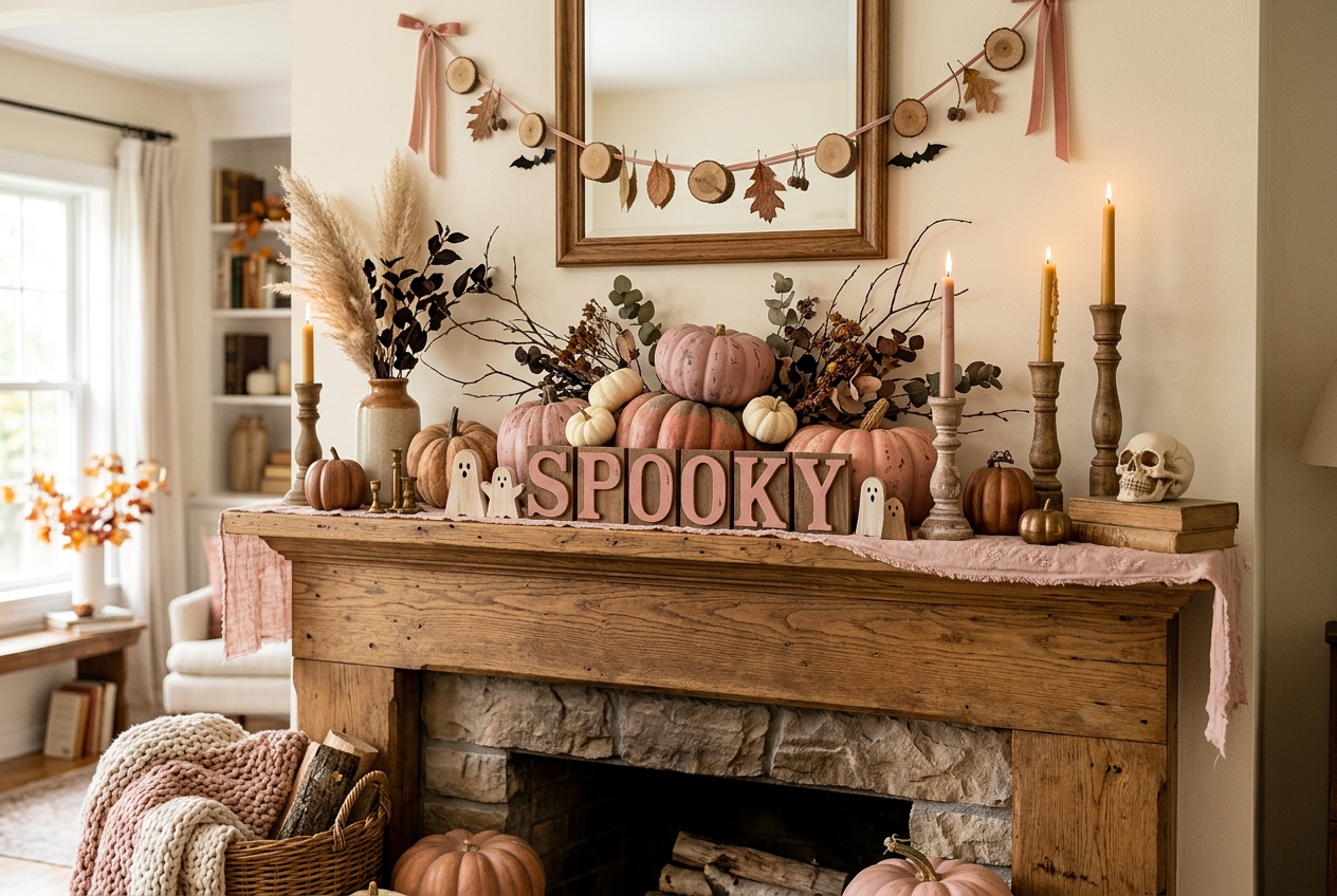 30 Stunning Halloween Mantel Ideas for a Spooky Look 18 halloween mantel ideas wood faded pink