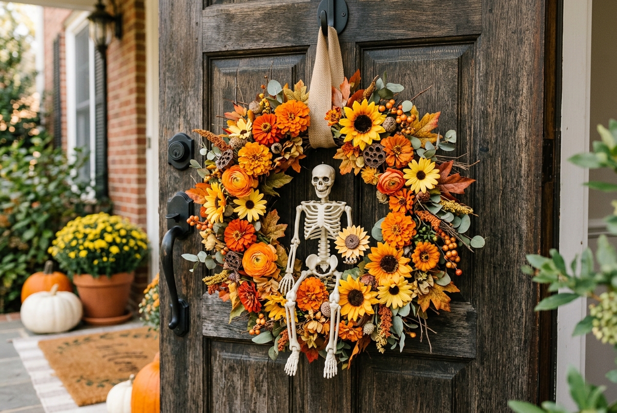 57 Top Outdoor Halloween Decoration Ideas for 2024 18 Orange and yellow flower wreath with skeleton in the middle