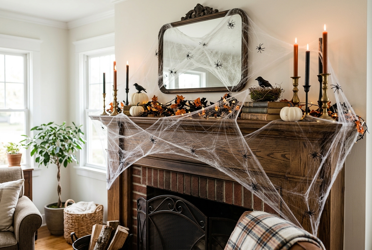 30 Stunning Halloween Mantel Ideas for a Spooky Look 19 halloween mantel ideas faux cobwebs