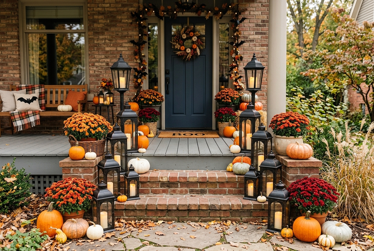57 Top Outdoor Halloween Decoration Ideas for 2024 19 Front porch decorated with black lanterns, mums and pumpkins