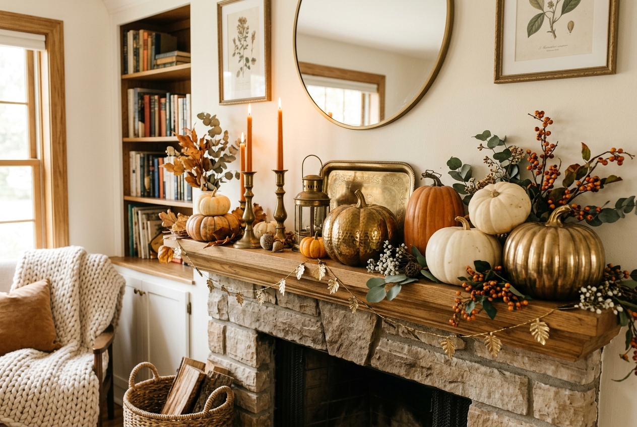 30 Stunning Halloween Mantel Ideas for a Spooky Look 20 halloween mantel ideas brass pumpkins