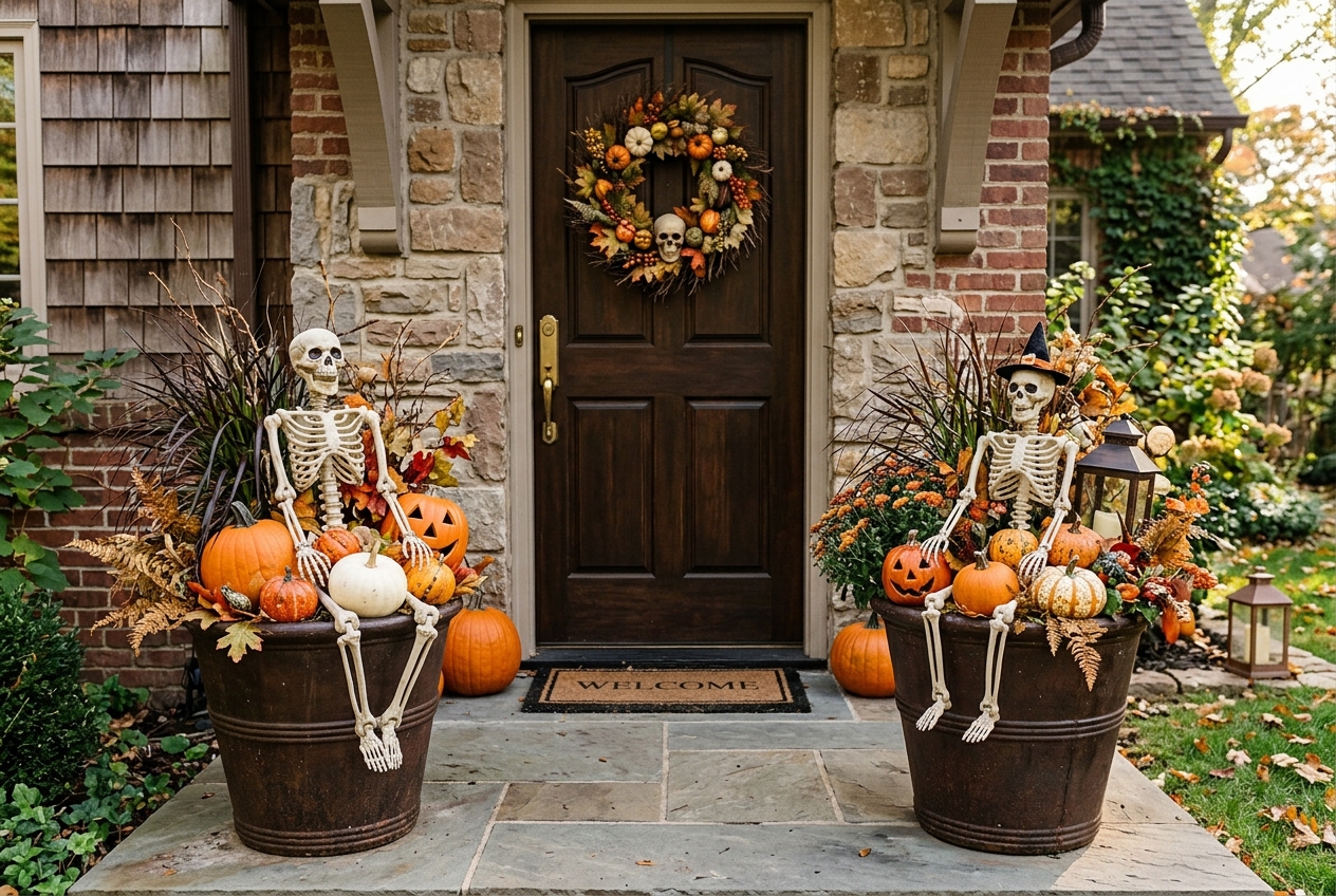 57 Top Outdoor Halloween Decoration Ideas for 2024 20 Front door with Halloween decorated planters on either side