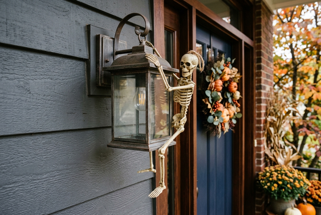 57 Top Outdoor Halloween Decoration Ideas for 2024 21 Small skeleton hanging off an outdoor lantern