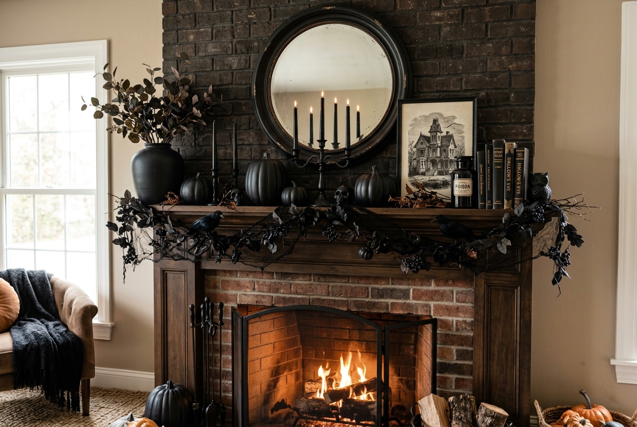 30 Stunning Halloween Mantel Ideas for a Spooky Look 22 black decor halloween mantel ideas