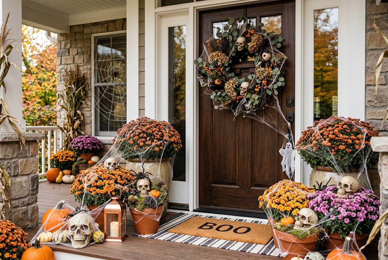 57 Top Outdoor Halloween Decoration Ideas for 2024 22 Front door decorated with cobwebs on mums, sculls and wreaths