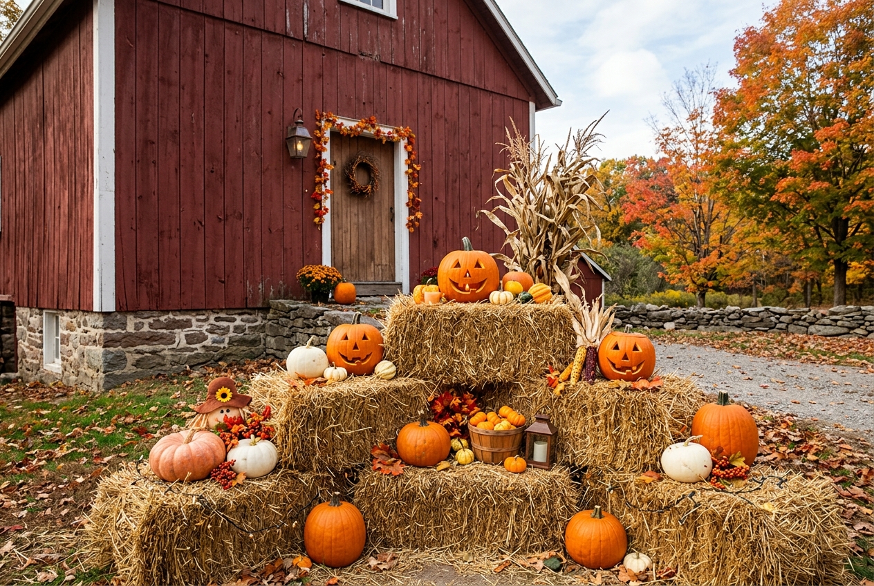 57 Top Outdoor Halloween Decoration Ideas for 2024 23 Red barn with hay bales and halloween decor in front of it