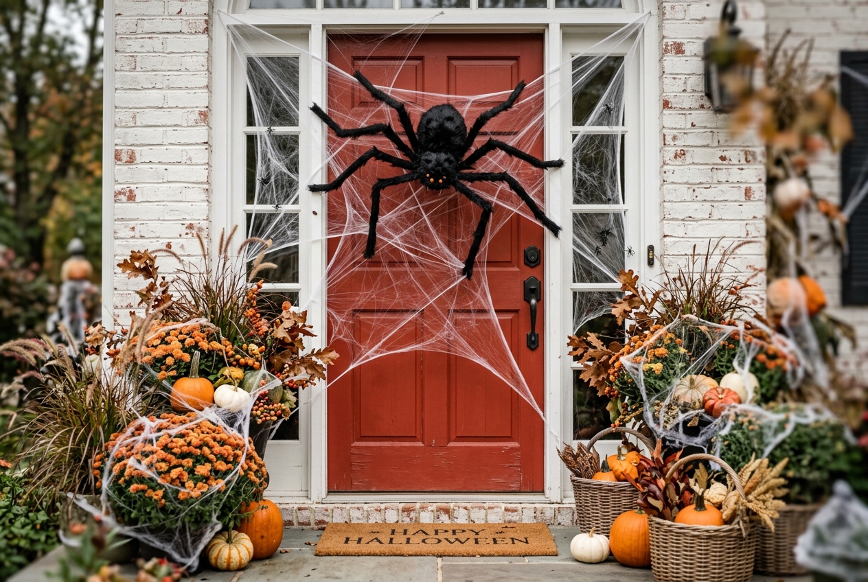 57 Top Outdoor Halloween Decoration Ideas for 2024 24 Big spider on red front door