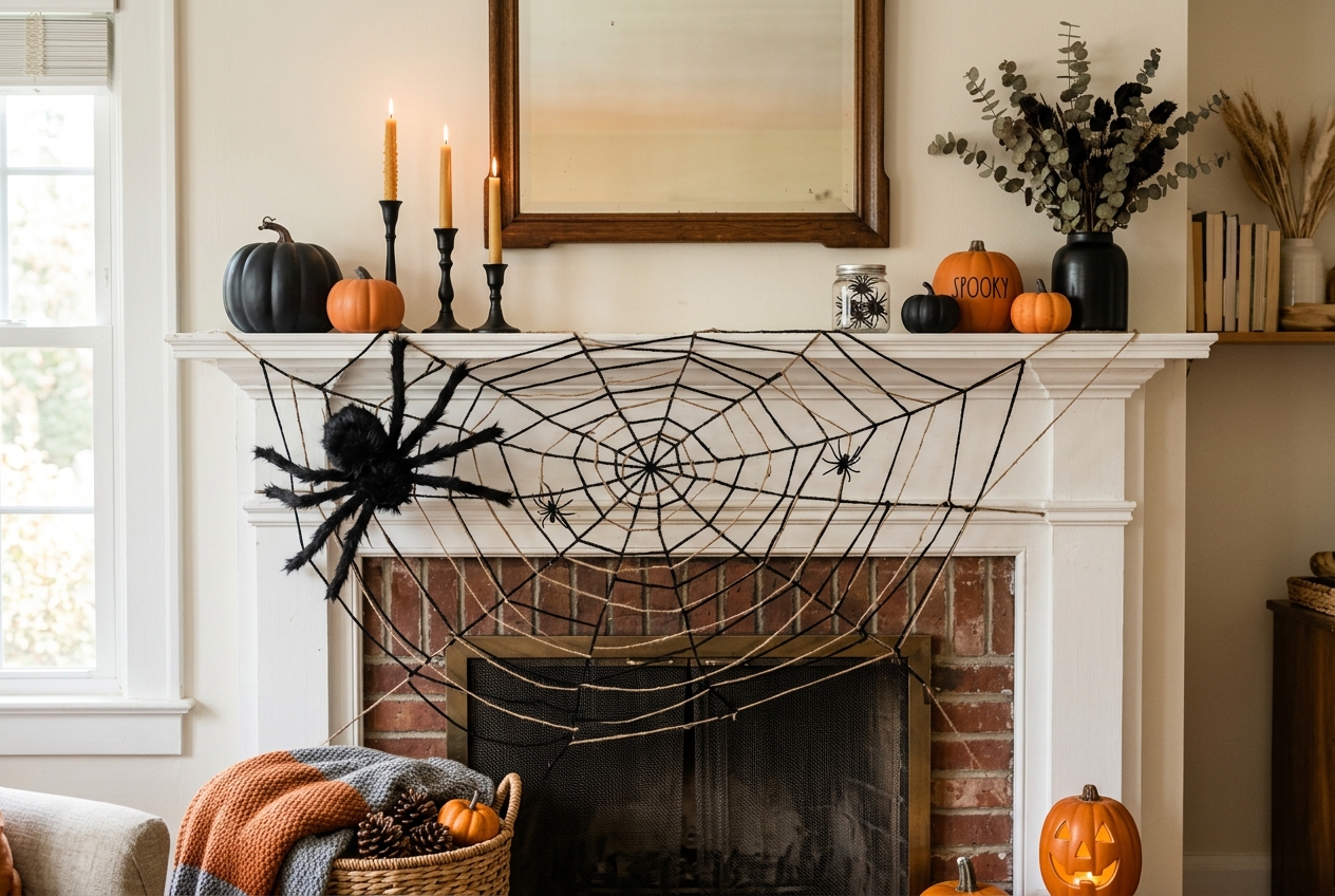30 Stunning Halloween Mantel Ideas for a Spooky Look 25 halloween mantel ideas spiderweb