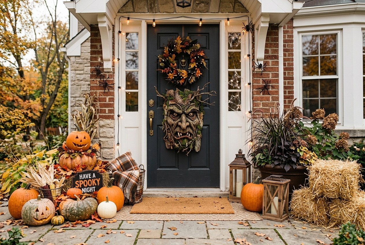 57 Top Outdoor Halloween Decoration Ideas for 2024 26 Front door with face on it and halloween decor on front porch