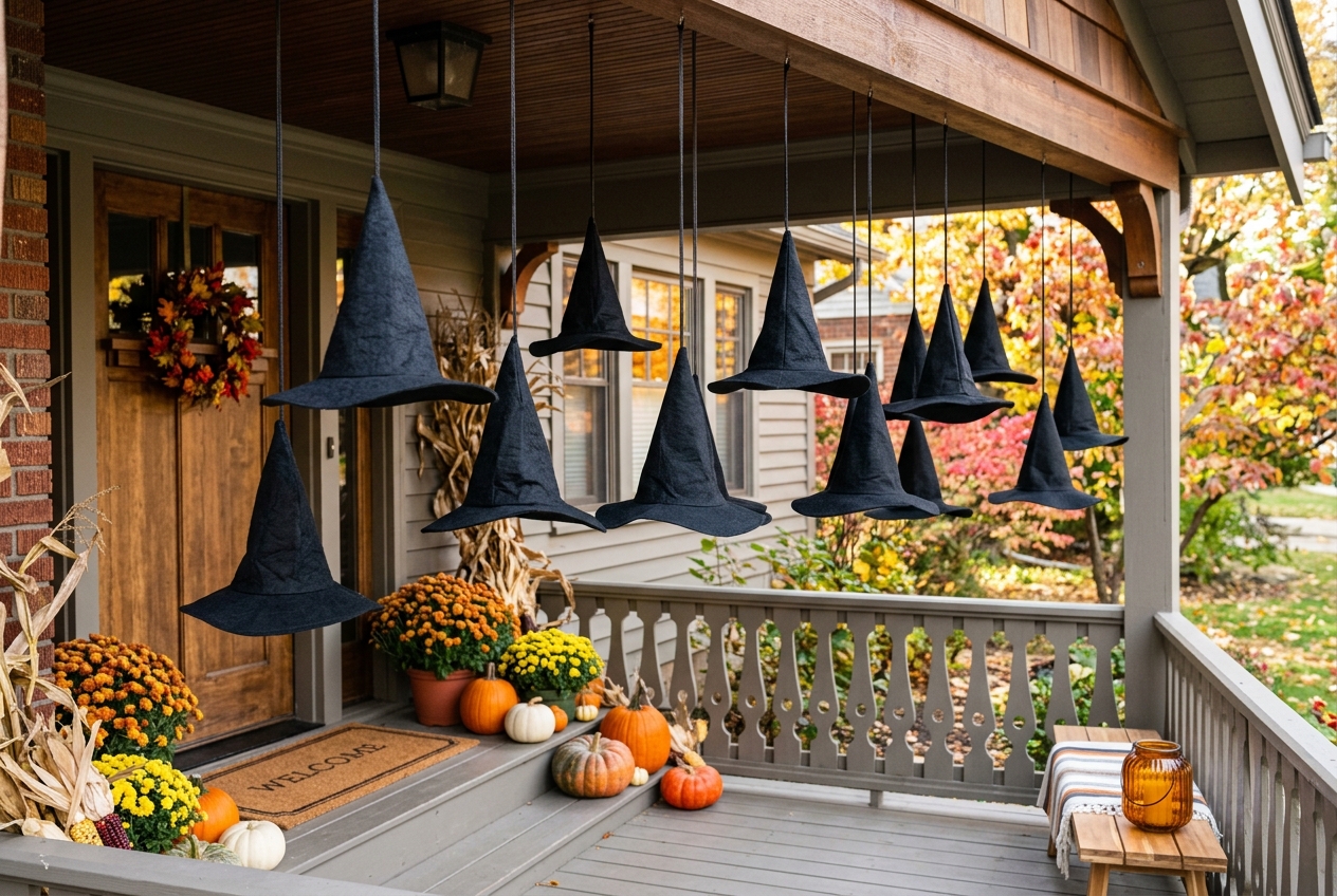 57 Top Outdoor Halloween Decoration Ideas for 2024 28 hanging witch hats