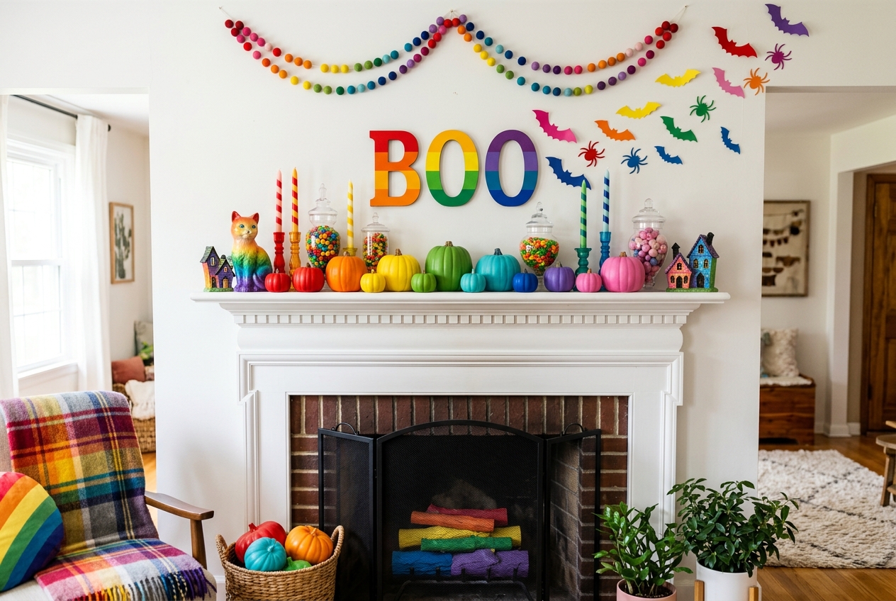 30 Stunning Halloween Mantel Ideas for a Spooky Look 29 halloween mantel ideas rainbow