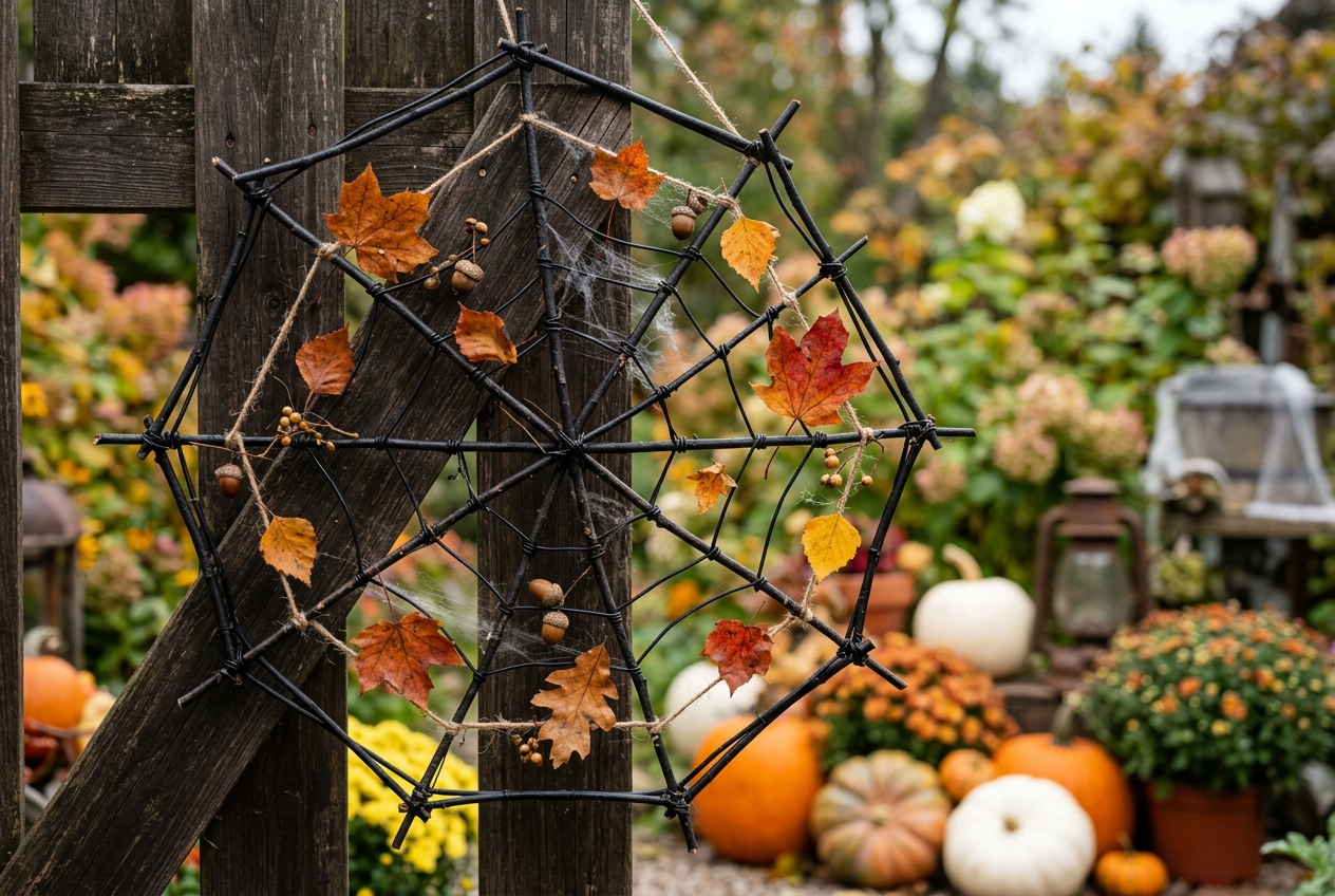 57 Top Outdoor Halloween Decoration Ideas for 2024 29 Black twig and wire spider web with fall leaves on it