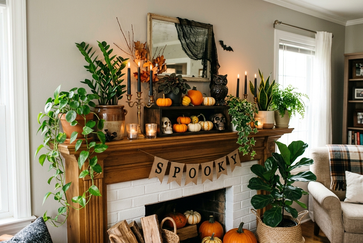 30 Stunning Halloween Mantel Ideas for a Spooky Look 30 halloween mantel ideas houseplants