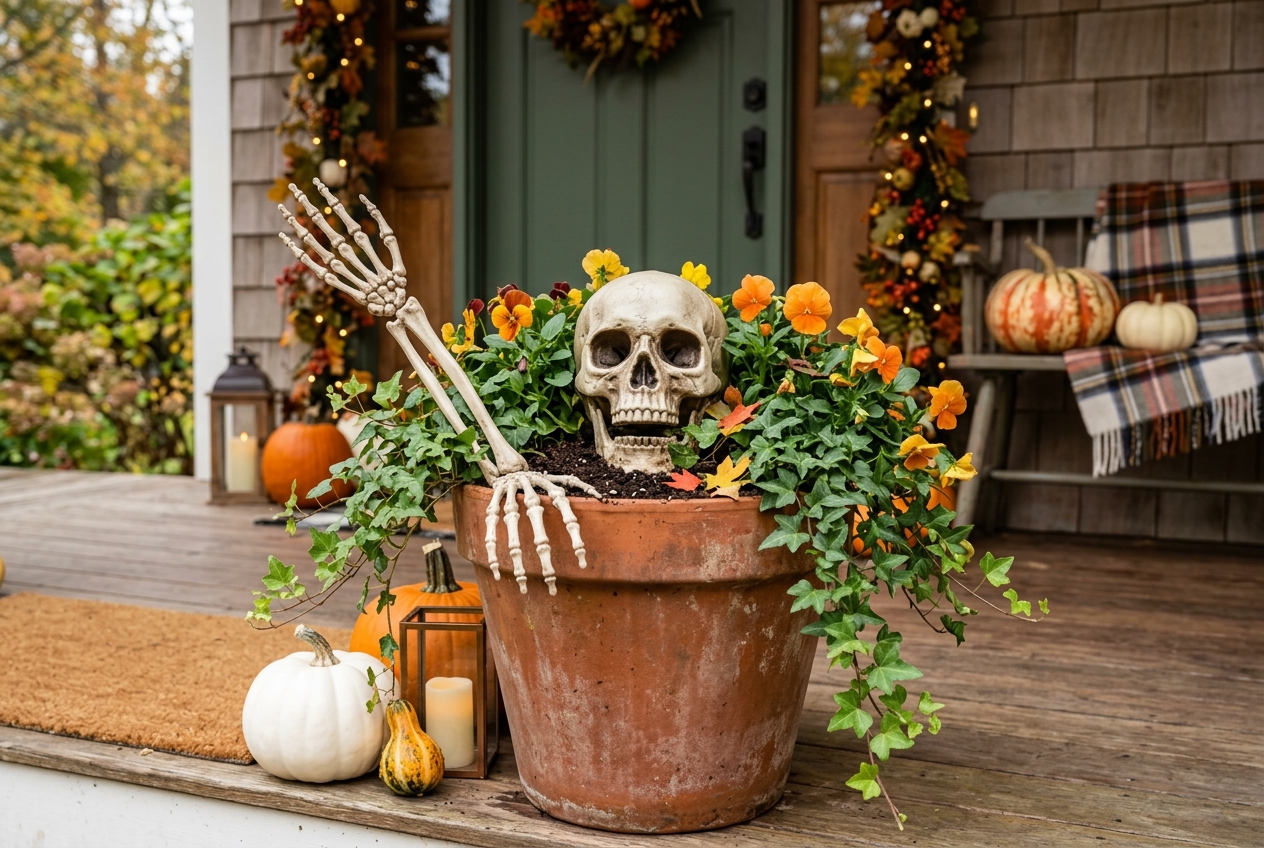 57 Top Outdoor Halloween Decoration Ideas for 2024 31 Planter with skull and hand sticking out of it