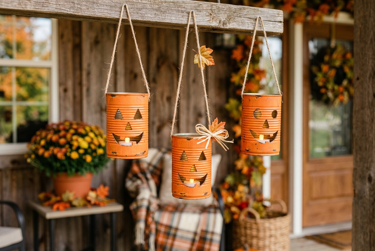 57 Top Outdoor Halloween Decoration Ideas for 2024 33 Hanging tin cans painted as Jack O'Lanterns