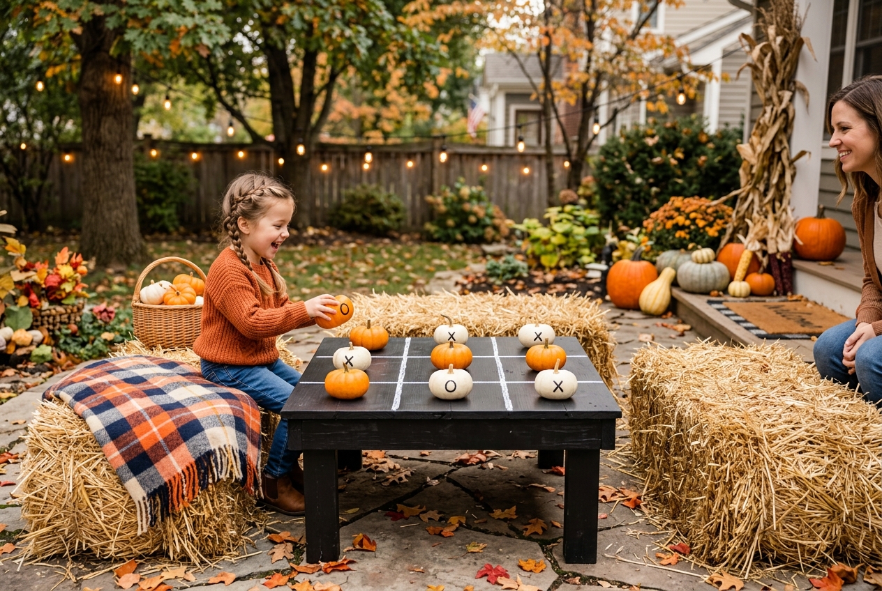 57 Top Outdoor Halloween Decoration Ideas for 2024 34 Black table set up with pumpkin tic tac toe and hay bales around it