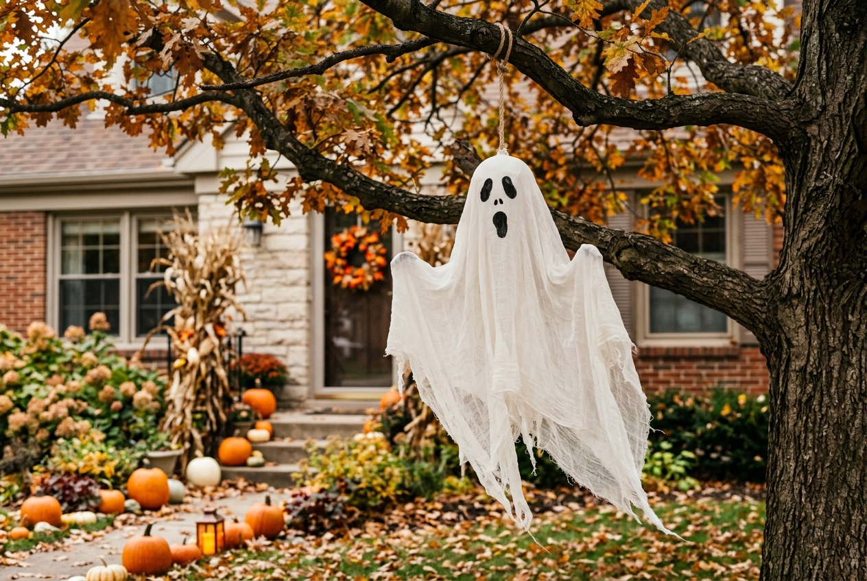 57 Top Outdoor Halloween Decoration Ideas for 2024 35 Cloth ghost hanging on a tree