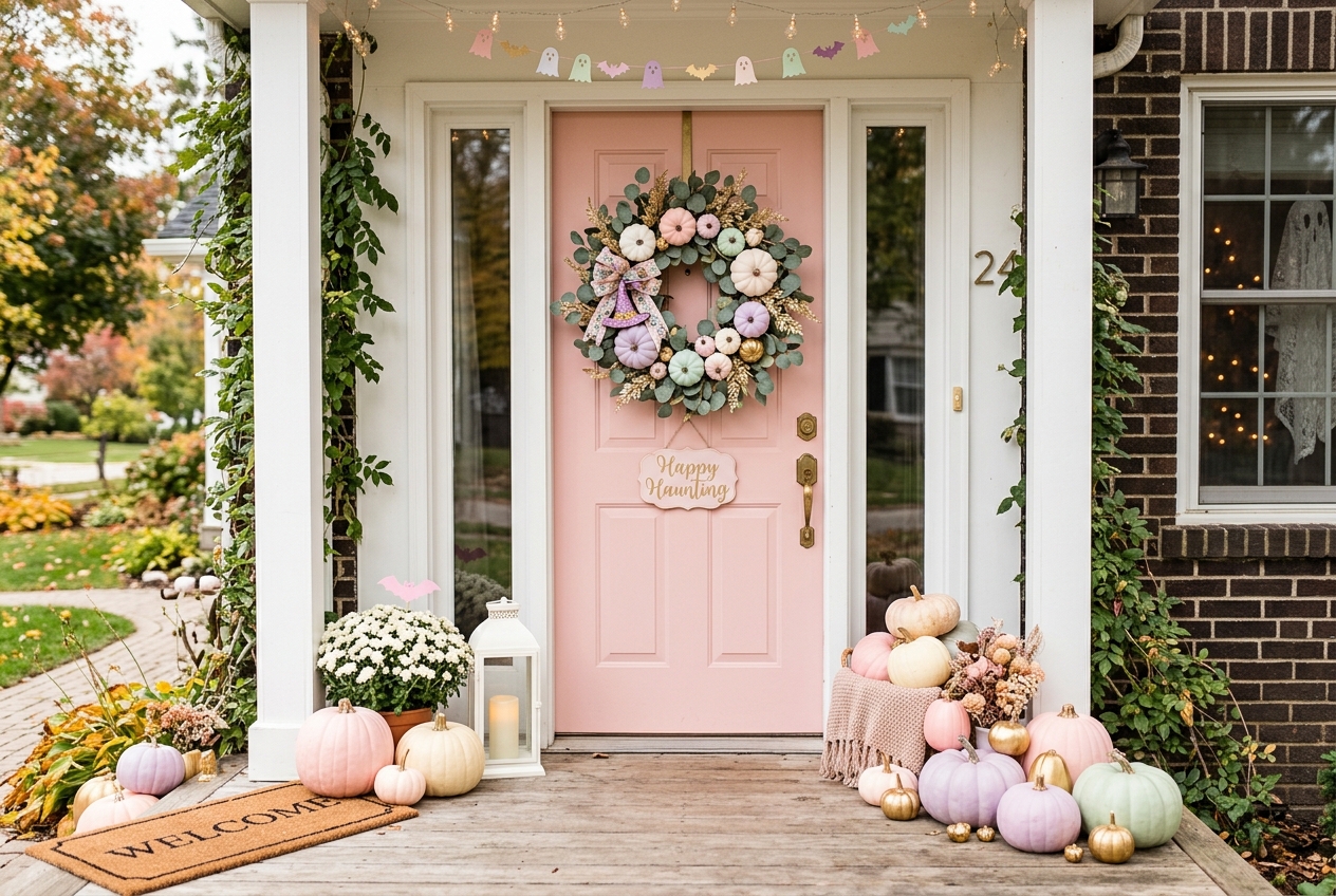 57 Top Outdoor Halloween Decoration Ideas for 2024 38 Pink front door decorated for Halloween