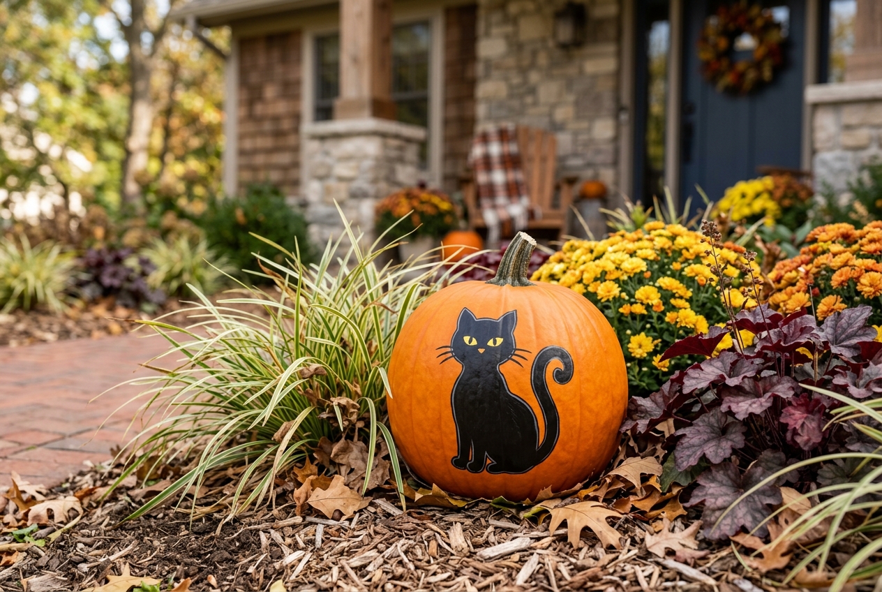 57 Top Outdoor Halloween Decoration Ideas for 2024 39 Orange pumpkin with black cat painted on it nestled into landscaping